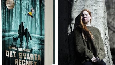 Stina Nilsson plus bokomslaget till Det svarta regnet.