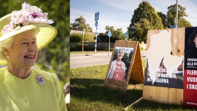 Kollage på drottning Elizabeth och förstörda valaffischer